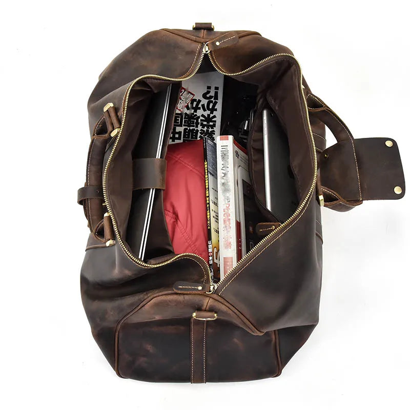 Sac polochon homme en cuir véritable marron foncé, style vintage