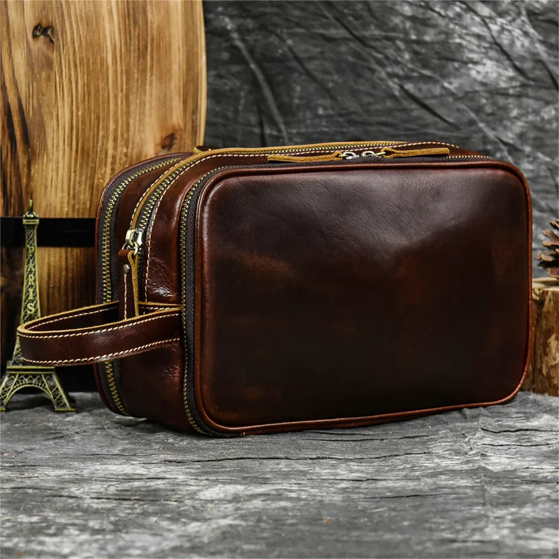 Trousse De Toilette Cuir Pour Homme Véritable Marron Foncé