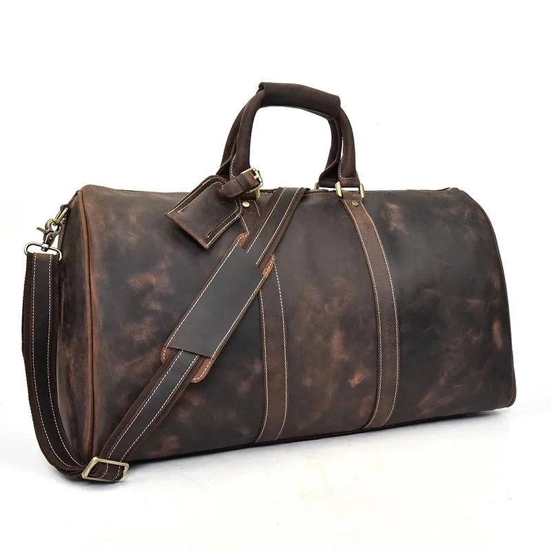 Sac polochon homme en cuir véritable marron foncé, style vintage