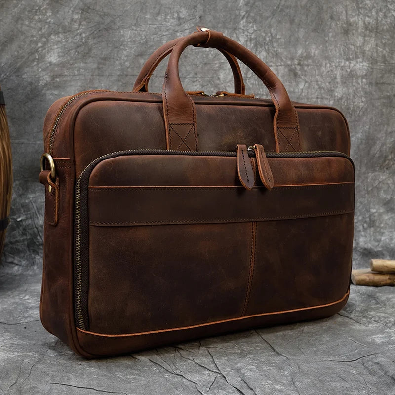 Serviette homme en cuir Crazy Horse marron foncé pour ordinateur 15,6 pouces