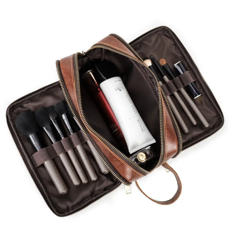 Trousse De Toilette Cuir Pour Homme Véritable Marron Foncé