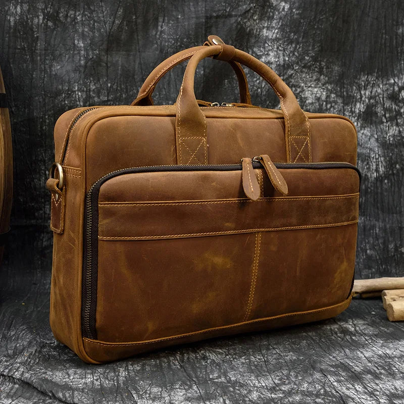 Serviette homme en cuir Crazy Horse marron foncé pour ordinateur 15,6 pouces