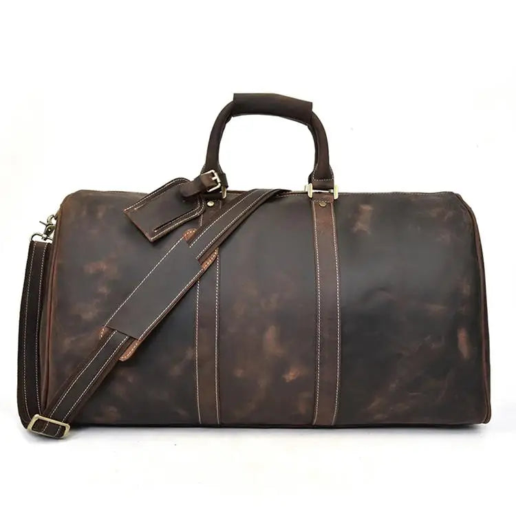 Sac polochon homme en cuir véritable marron foncé, style vintage