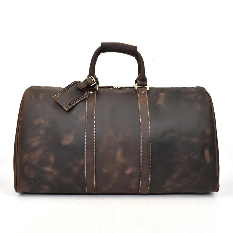 Sac polochon homme en cuir véritable marron foncé, style vintage