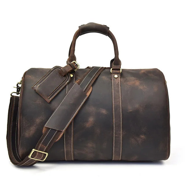 Sac polochon homme en cuir véritable marron foncé, style vintage