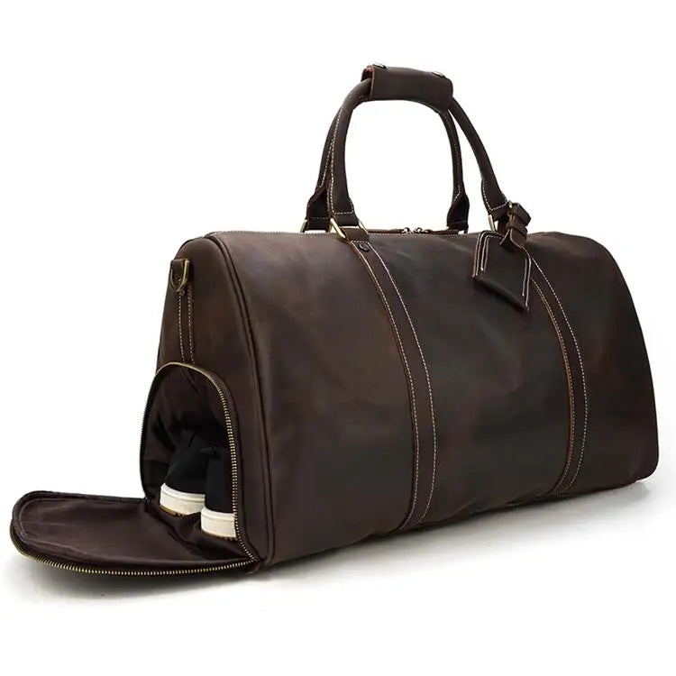 Sac polochon homme en cuir véritable marron foncé, style vintage