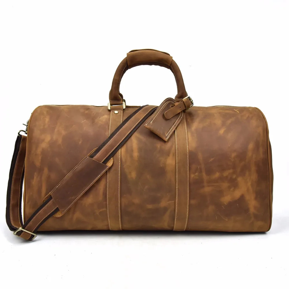 Sac polochon homme en cuir véritable marron foncé, style vintage