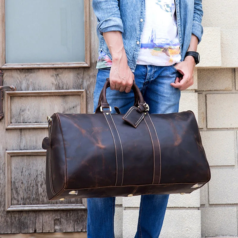 Sac polochon homme en cuir véritable marron foncé, style vintage