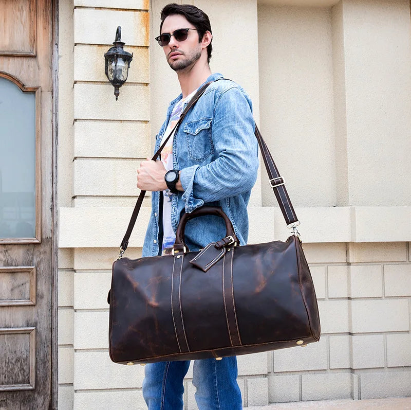Sac polochon homme en cuir véritable marron foncé, style vintage