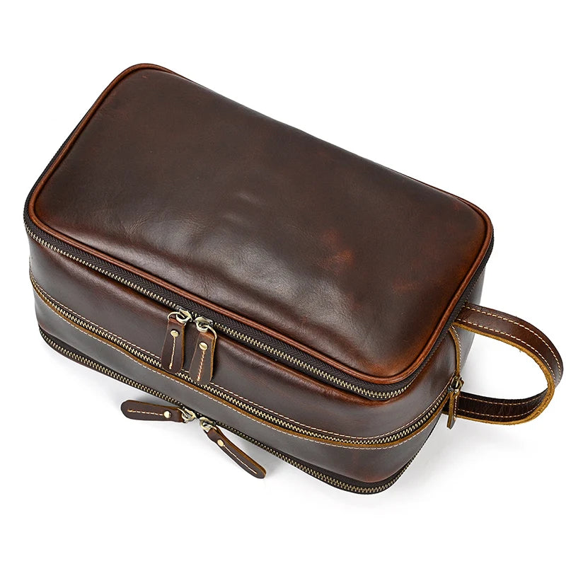 Trousse De Toilette Cuir Pour Homme Véritable Marron Foncé