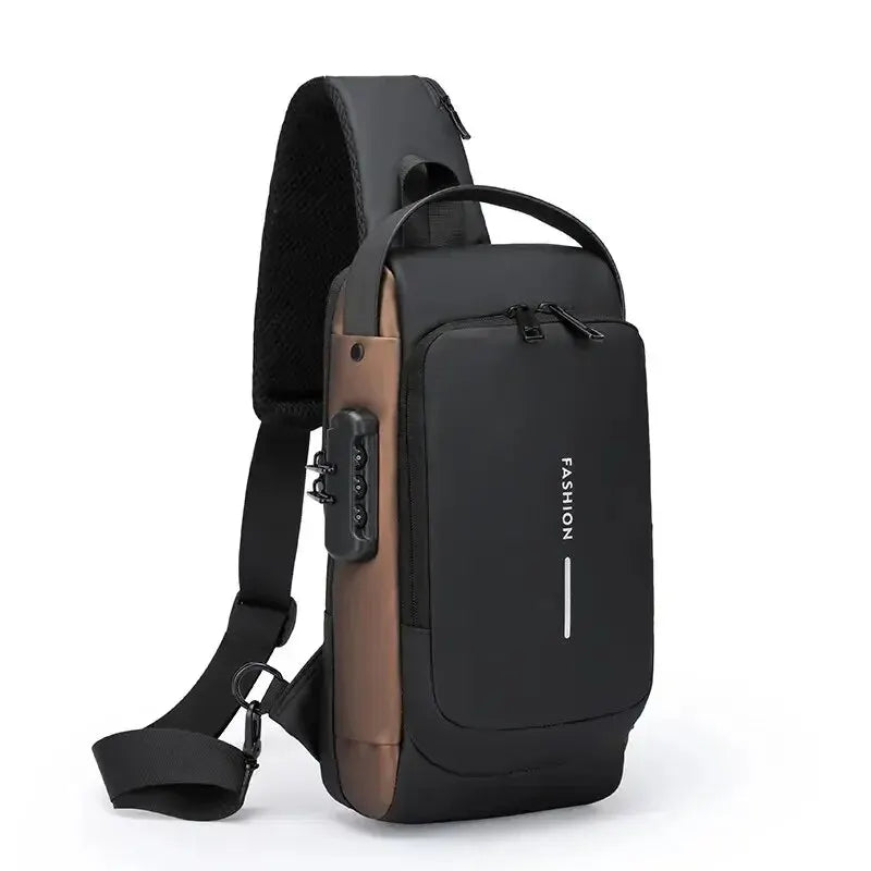 Sac bandoulière poitrine homme en cuir synthétique avec serrure à code et port USB