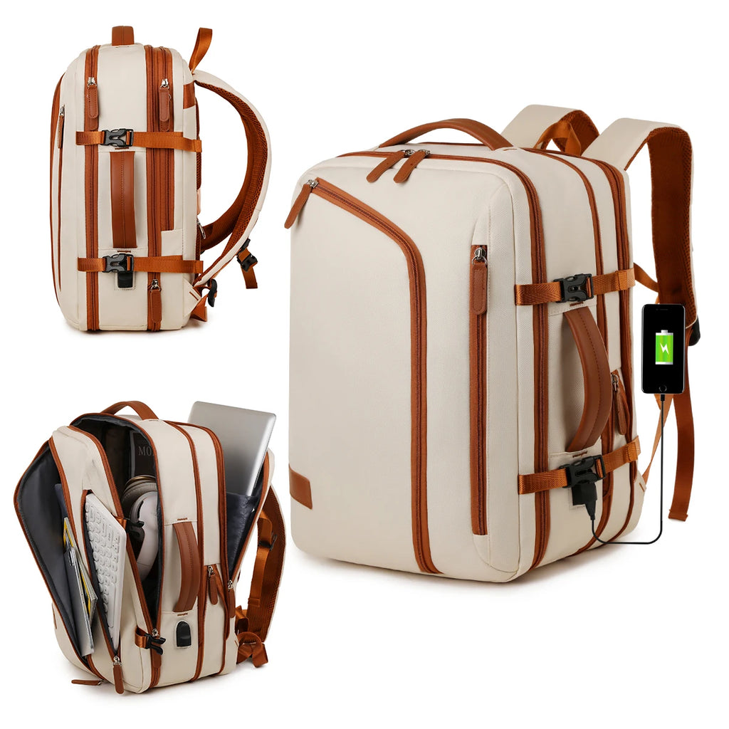 Sac À Dos Ordinateur En Nylon Beige À Fermeture Zippée
