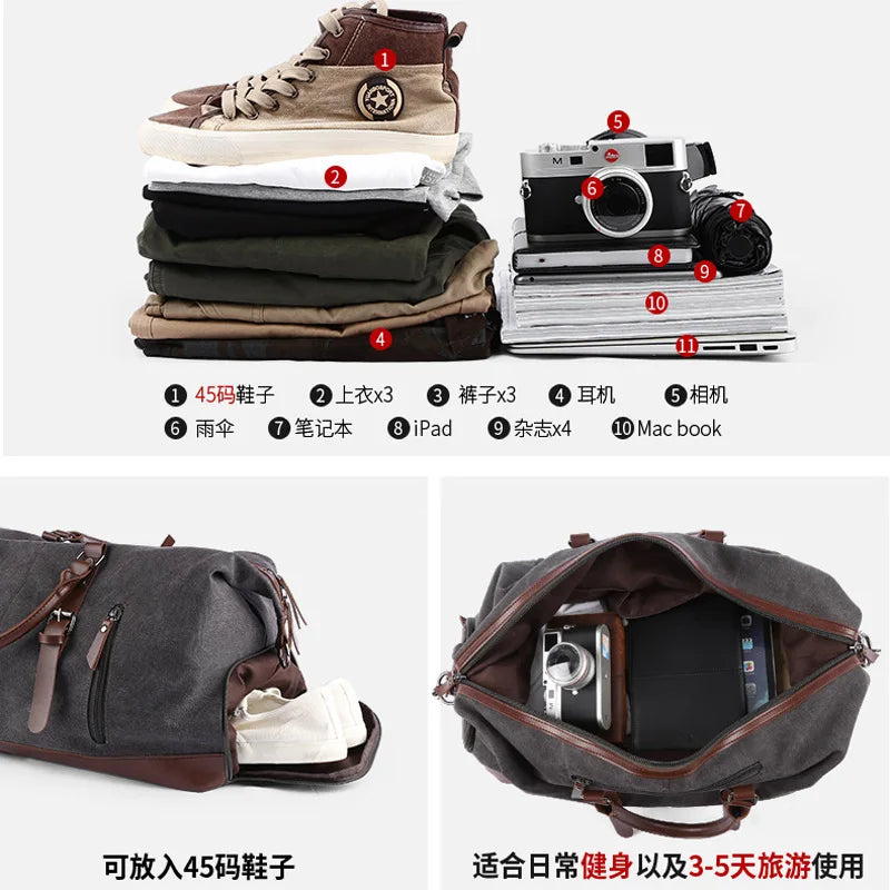 Sac polochon de voyage homme en toile gris et marron