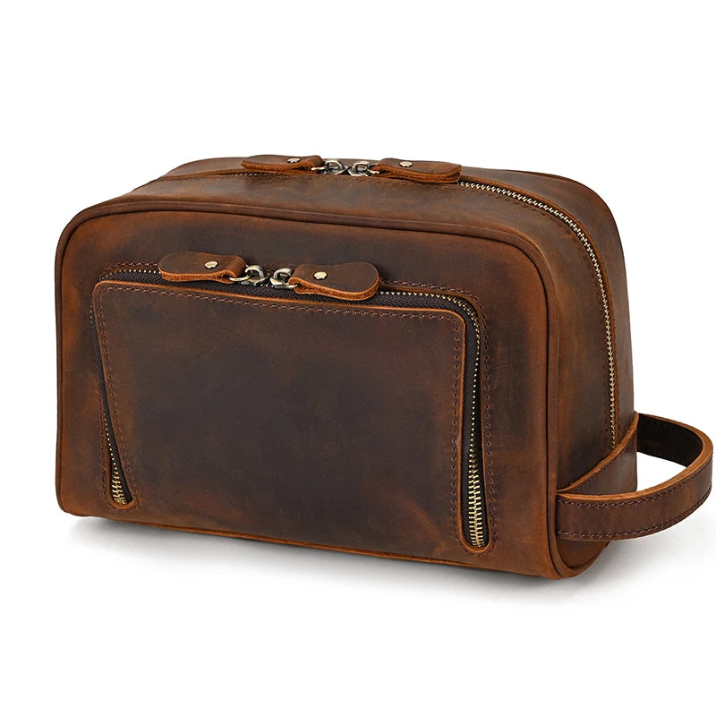 Trousse De Toilette Cuir Pour Homme Véritable Marron Foncé