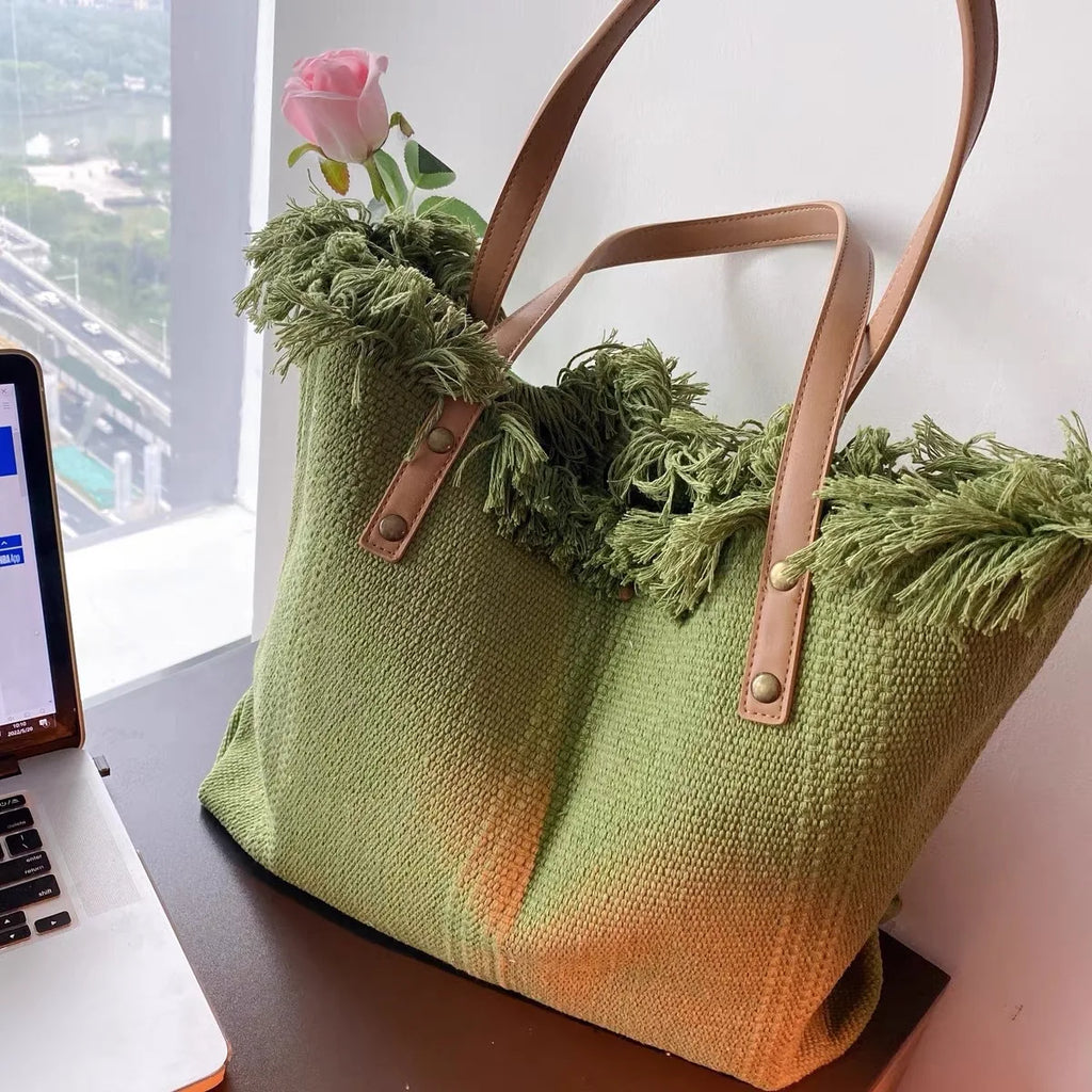 Sac cabas femme en toile écrue « Summer Vibes » à anses longues marron