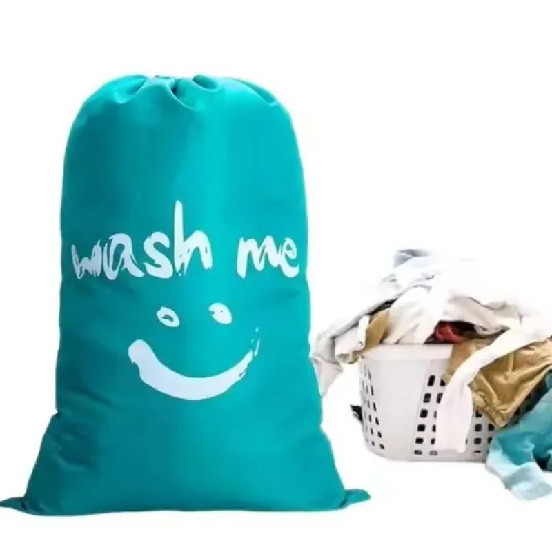 Sac à linge gris en nylon à cordon, imprimé visage souriant