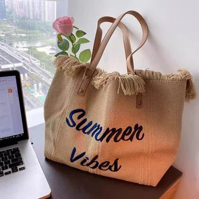 Sac cabas femme en toile écrue « Summer Vibes » à anses longues marron