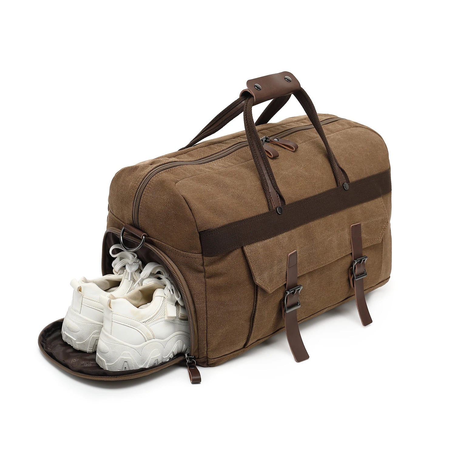 Sac polochon homme marron en nylon Oxford avec compartiment à chaussures