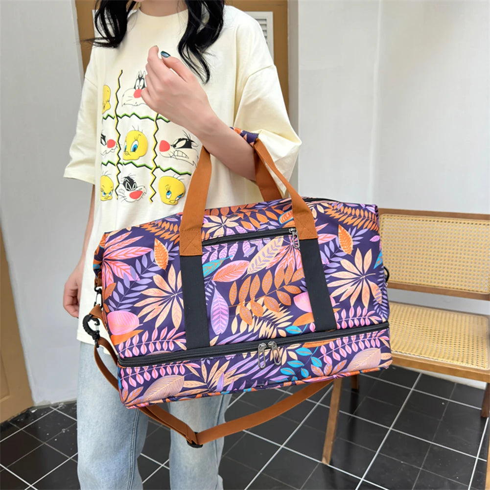 Sac polochon femme en tissu Oxford à motif floral avec compartiment inférieur zippé