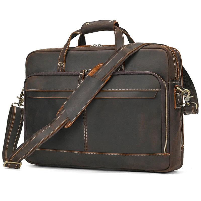Serviette homme en cuir Crazy Horse marron foncé pour ordinateur 15,6 pouces