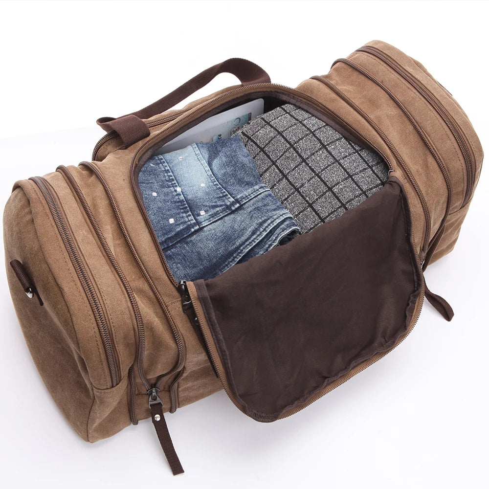 Sac polochon de voyage marron en toile avec bandoulière