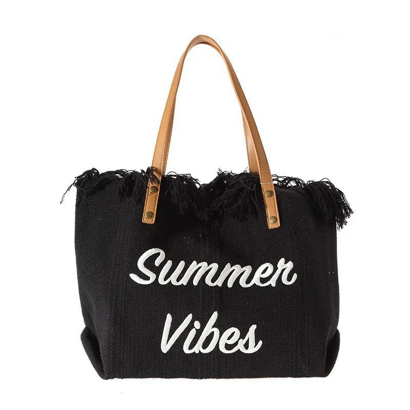 Sac cabas femme en toile écrue « Summer Vibes » à anses longues marron