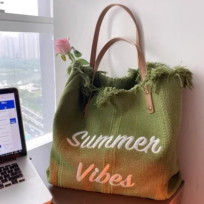 Sac cabas femme en toile écrue « Summer Vibes » à anses longues marron