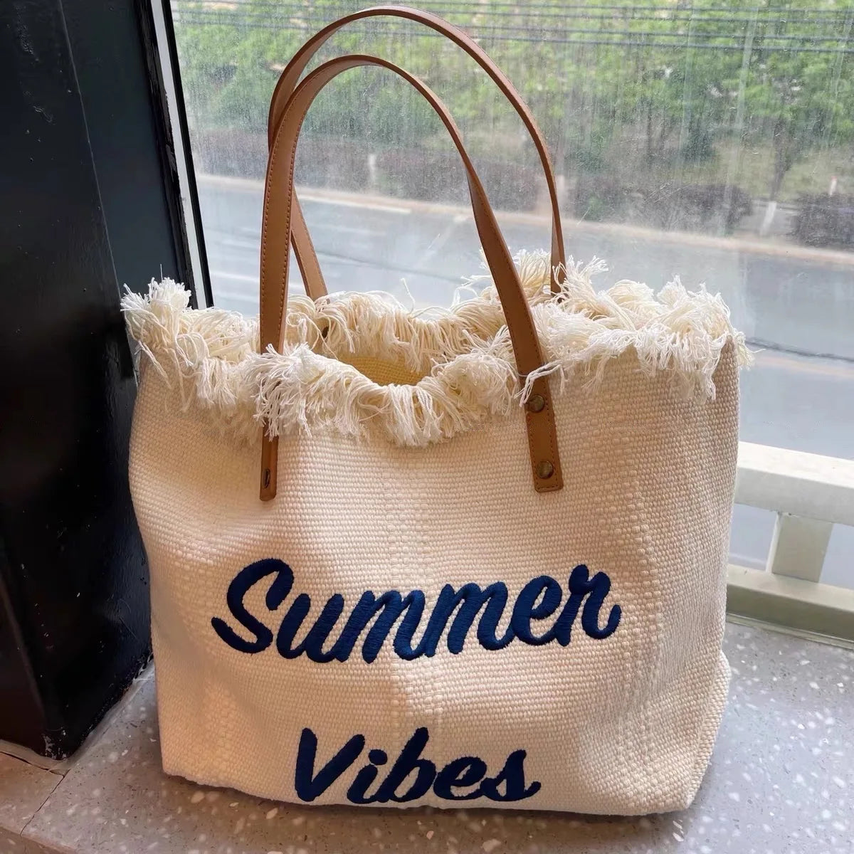 Sac cabas femme en toile écrue « Summer Vibes » à anses longues marron