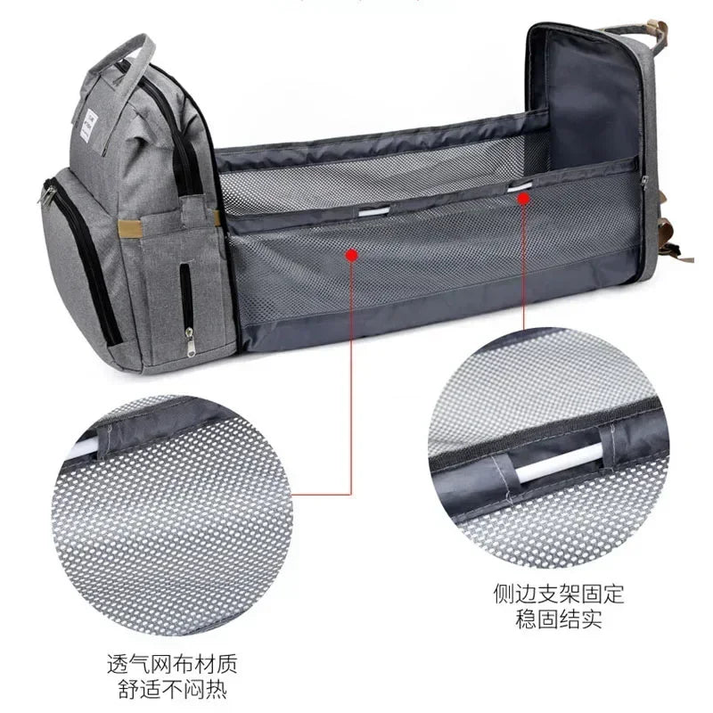 Sac à langer convertible en lit pliable avec 3 emplacements biberons