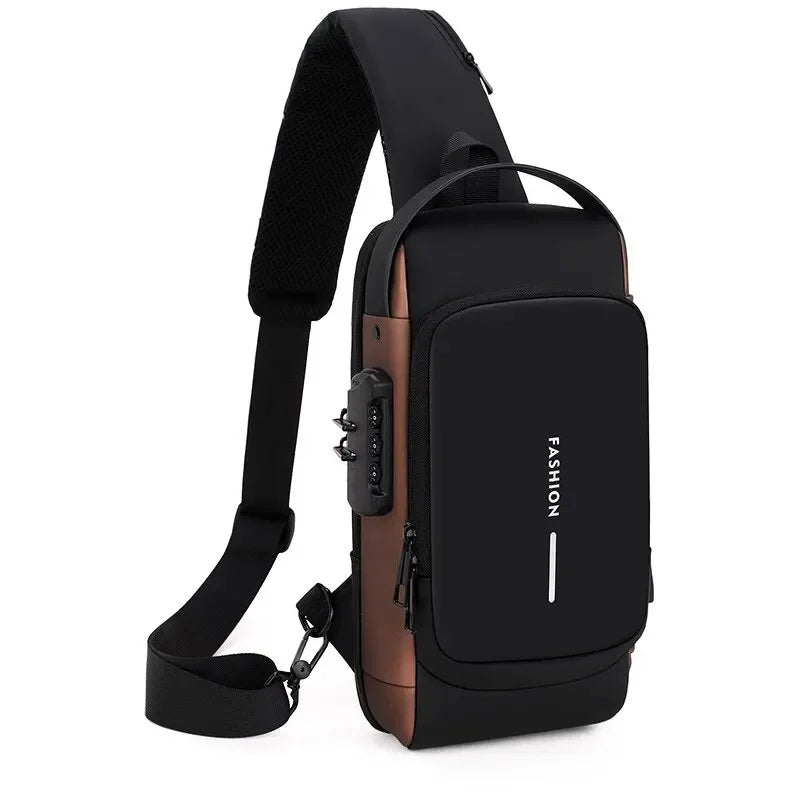 Sac bandoulière poitrine homme en cuir synthétique avec serrure à code et port USB
