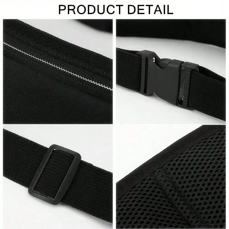 Sac banane noir de course, 3 poches zippées et bande réfléchissante