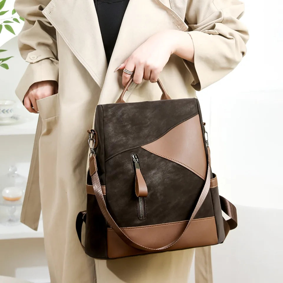 Sac À Dos Élégant Femme PU Noir Et Marron