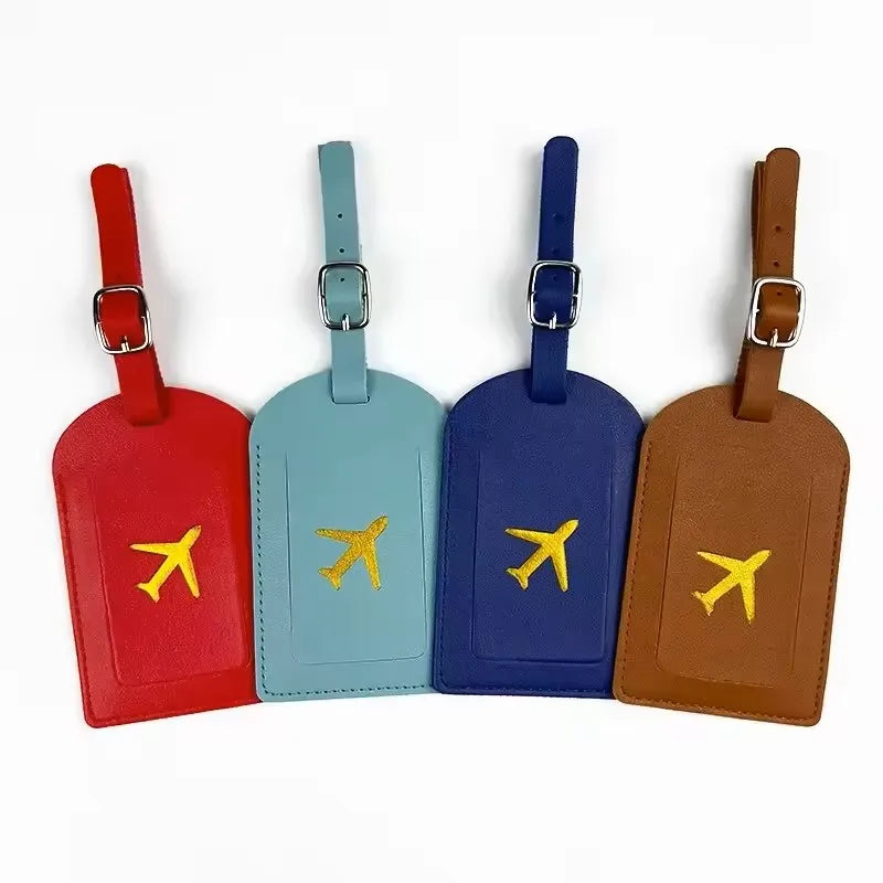 Étiquette de bagage en cuir motif avion avec porte-adresse