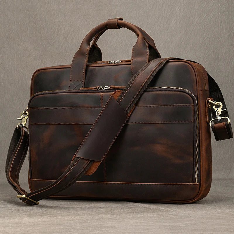 Serviette homme en cuir Crazy Horse marron foncé pour ordinateur 15,6 pouces