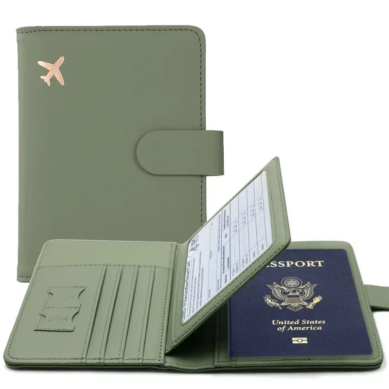 Porte-passeport vert sauge en PU avec fentes pour cartes