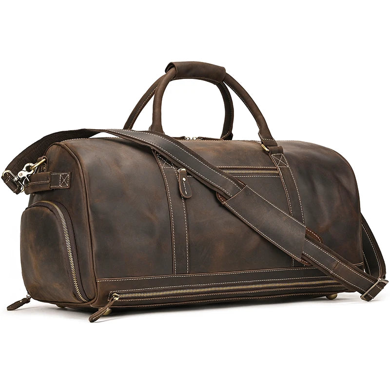 Sac polochon homme en cuir véritable marron foncé, style vintage