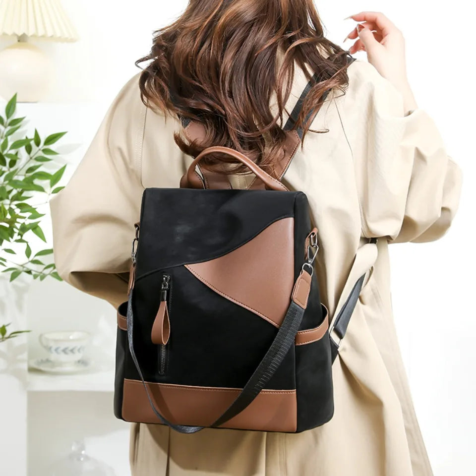 Sac À Dos Élégant Femme PU Noir Et Marron