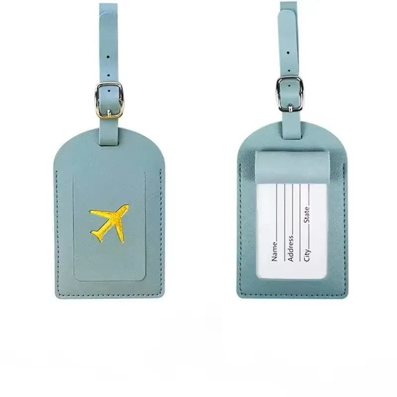 Étiquette de bagage en cuir motif avion avec porte-adresse