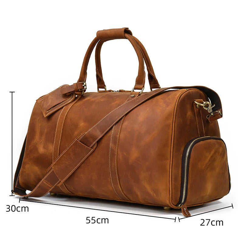 Sac polochon homme en cuir véritable marron foncé, style vintage