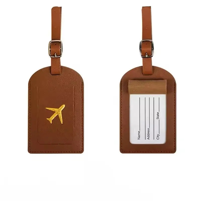 Étiquette de bagage en cuir motif avion avec porte-adresse