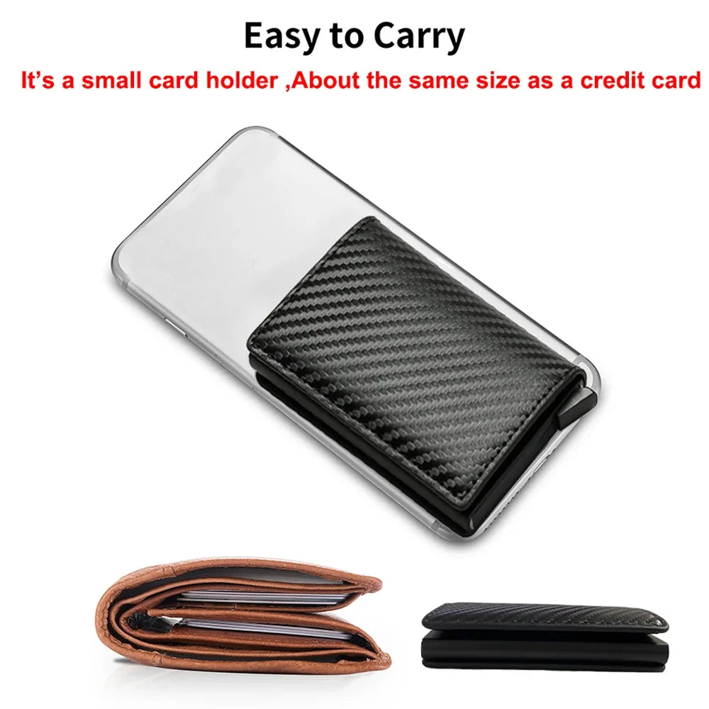 Porte-cartes RFID pop-up mini noir motif fibre de carbone
