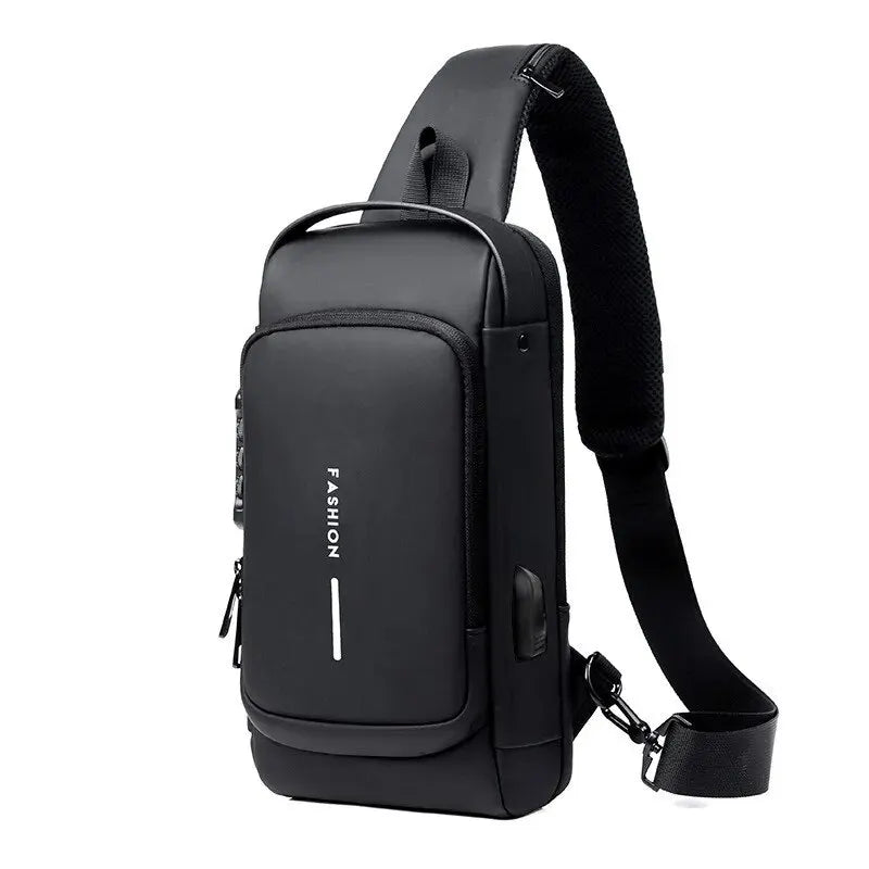 Sac bandoulière poitrine homme en cuir synthétique avec serrure à code et port USB