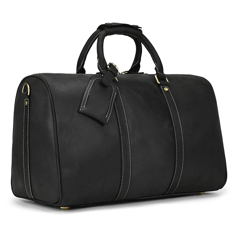 Sac polochon homme en cuir véritable marron foncé, style vintage