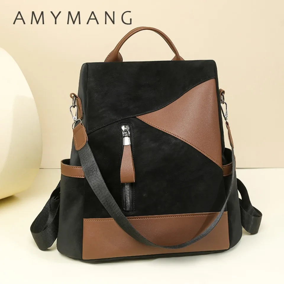 Sac À Dos Élégant Femme PU Noir Et Marron