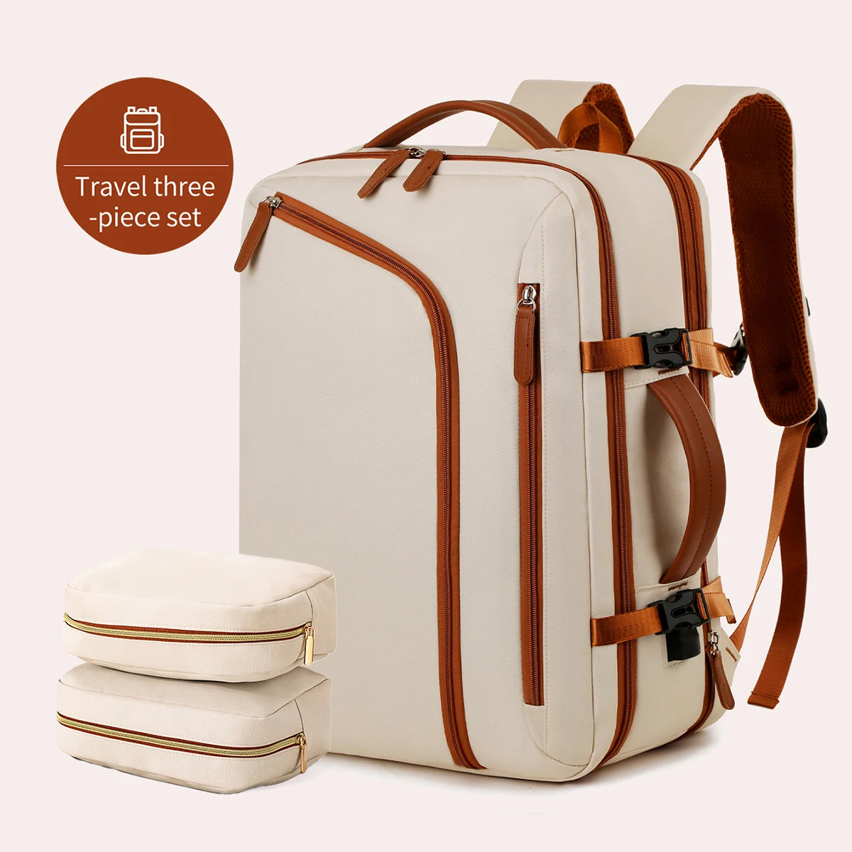 Sac À Dos Ordinateur En Nylon Beige À Fermeture Zippée