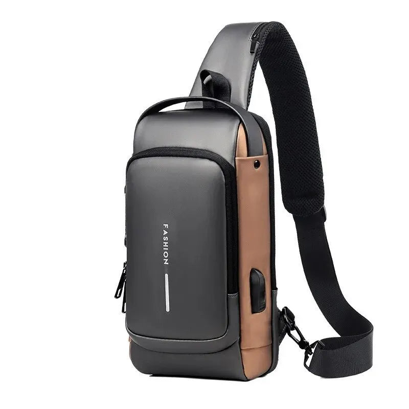 Sac bandoulière poitrine homme en cuir synthétique avec serrure à code et port USB