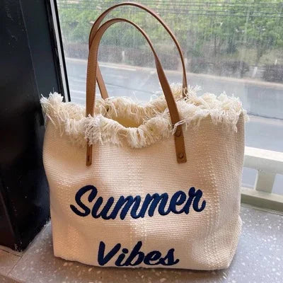 Sac cabas femme en toile écrue « Summer Vibes » à anses longues marron