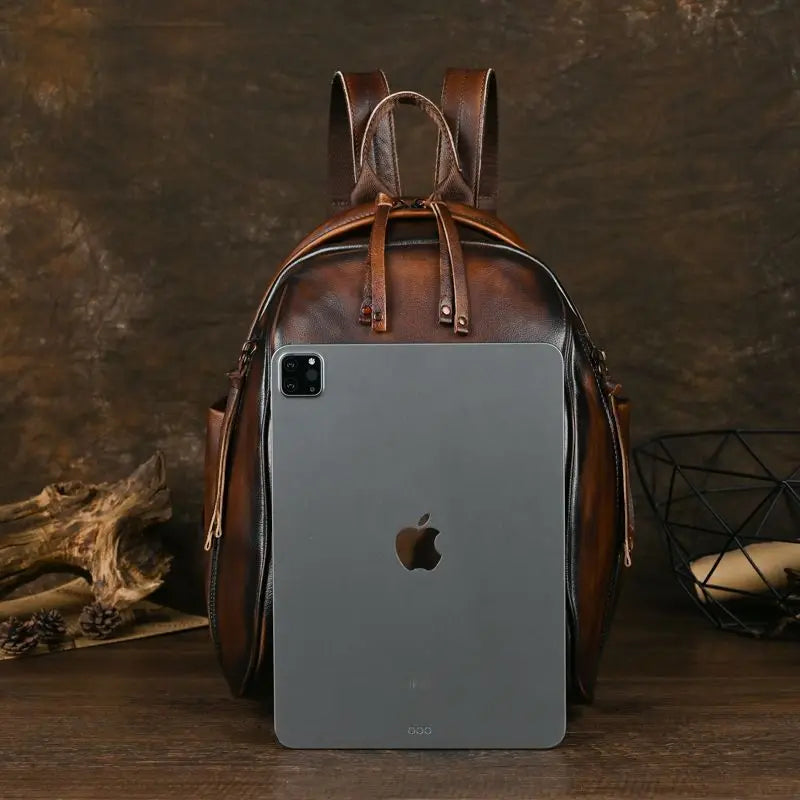 Sac À Dos Imperméable En Cuir Véritable Marron Foncé