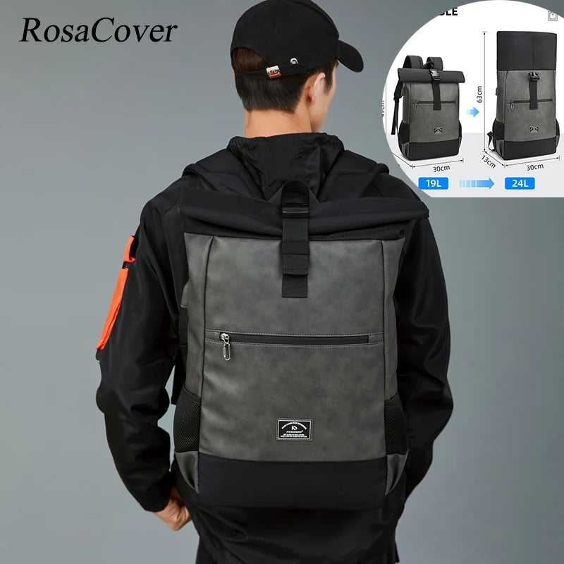 Sac À Dos Cuir PU Roll-Top Extensible Imperméable