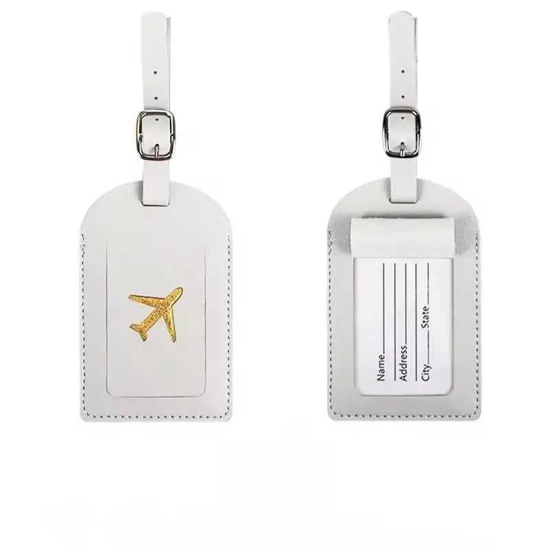 Étiquette de bagage en cuir motif avion avec porte-adresse
